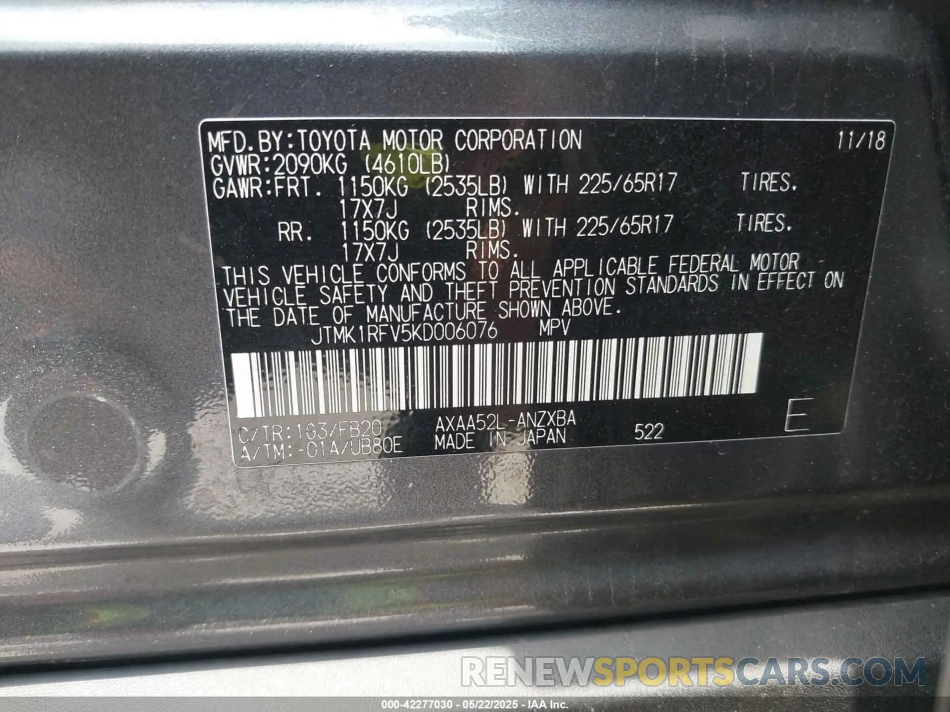9 Photograph of a damaged car JTMK1RFV5KD006076 TOYOTA RAV4 2019