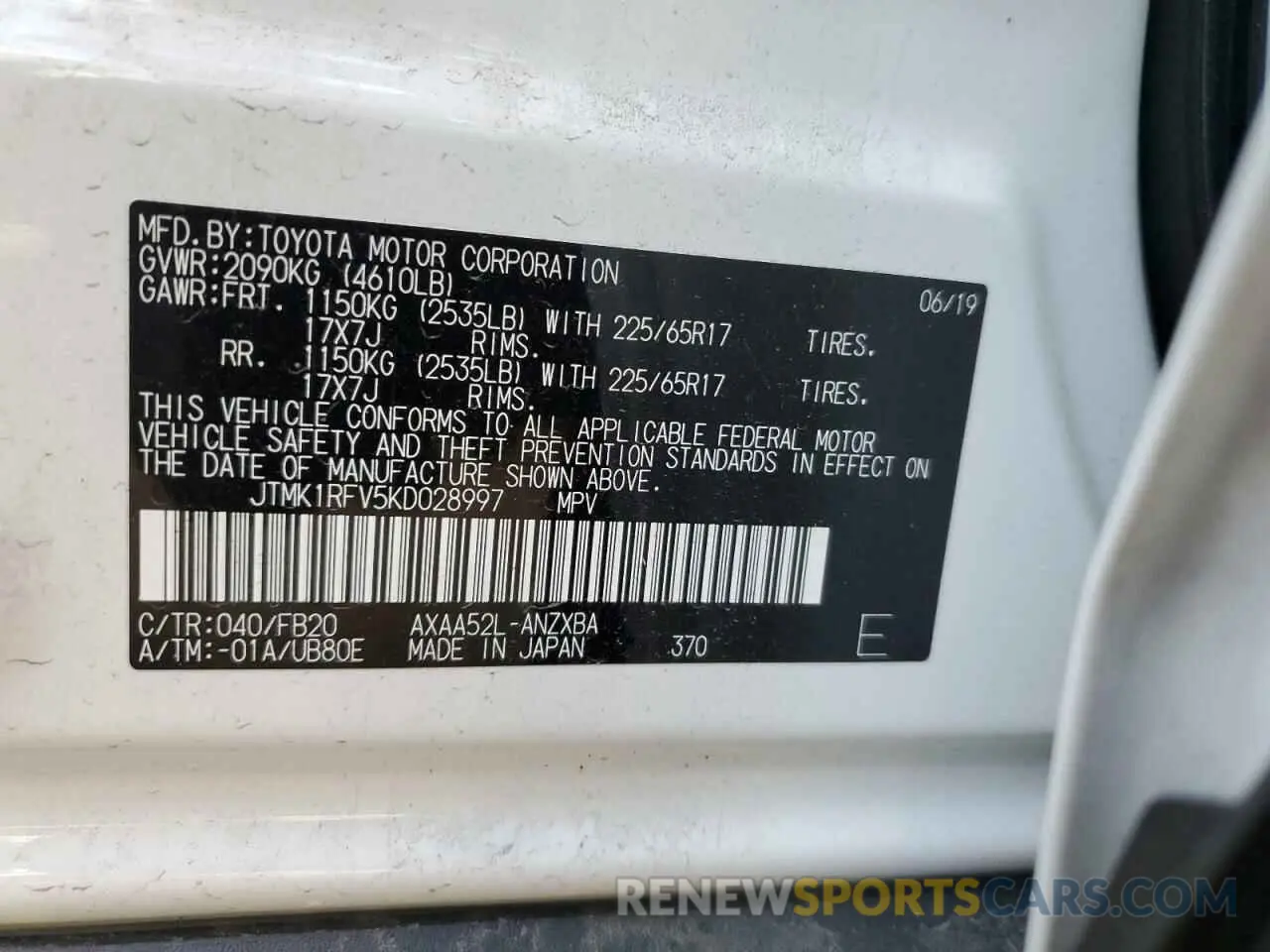 13 Photograph of a damaged car JTMK1RFV5KD028997 TOYOTA RAV4 2019