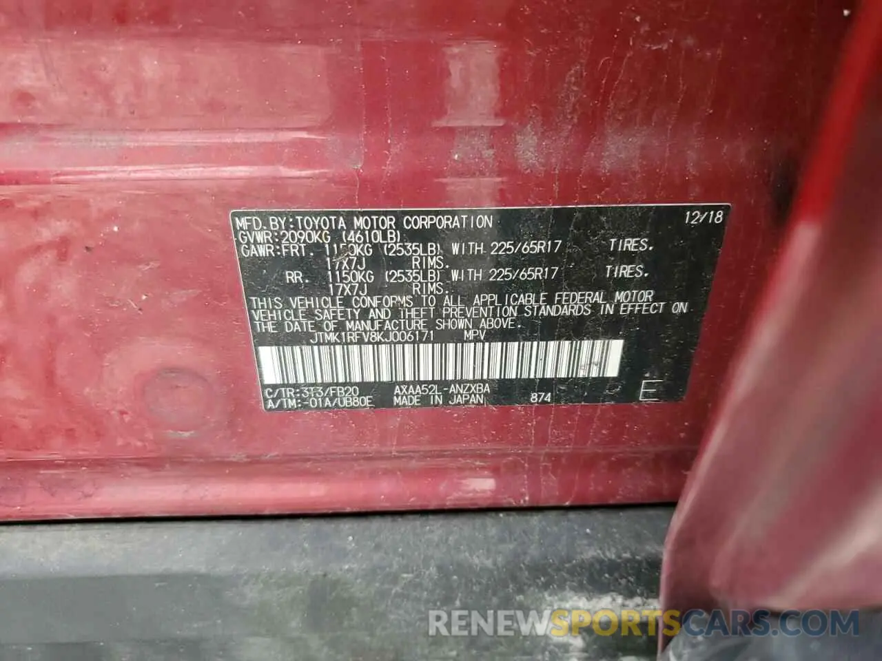15 Фотография поврежденного автомобиля JTMK1RFV8KJ006171 TOYOTA RAV4 2019