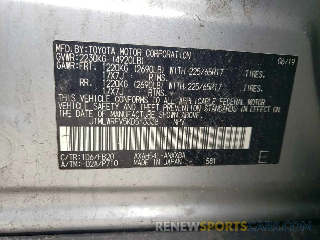 13 Фотография поврежденного автомобиля JTMLWRFV5KD513338 TOYOTA RAV4 2019