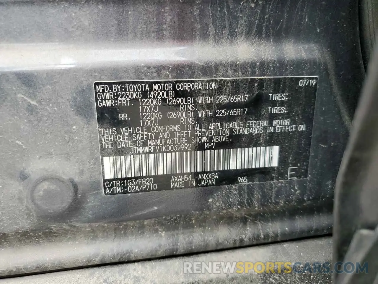 13 Photograph of a damaged car JTMMWRFV1KD032992 TOYOTA RAV4 2019
