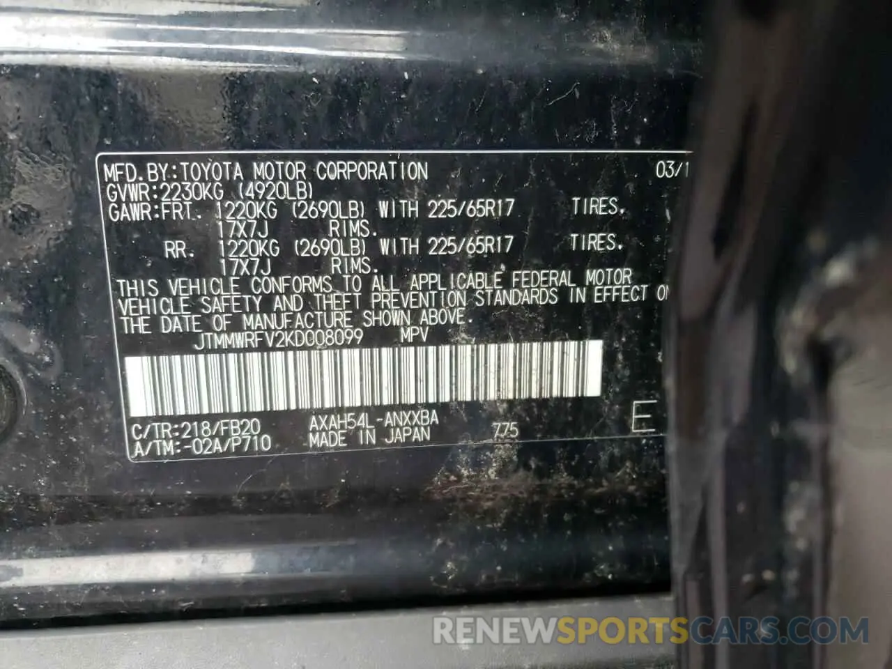 10 Фотография поврежденного автомобиля JTMMWRFV2KD008099 TOYOTA RAV4 2019