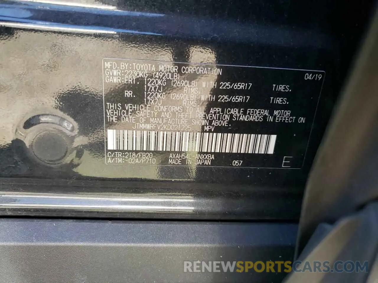 13 Фотография поврежденного автомобиля JTMMWRFV2KD021225 TOYOTA RAV4 2019