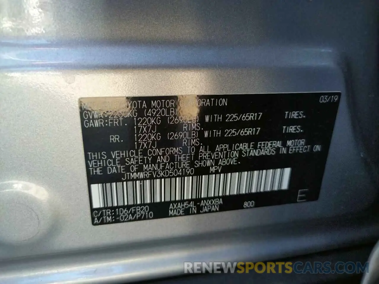 10 Photograph of a damaged car JTMMWRFV3KD504190 TOYOTA RAV4 2019