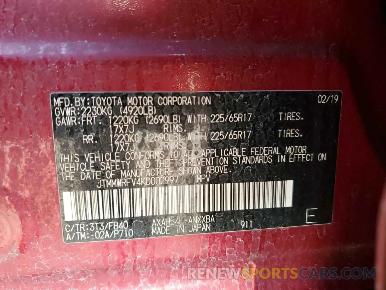 13 Фотография поврежденного автомобиля JTMMWRFV4KD002997 TOYOTA RAV4 2019