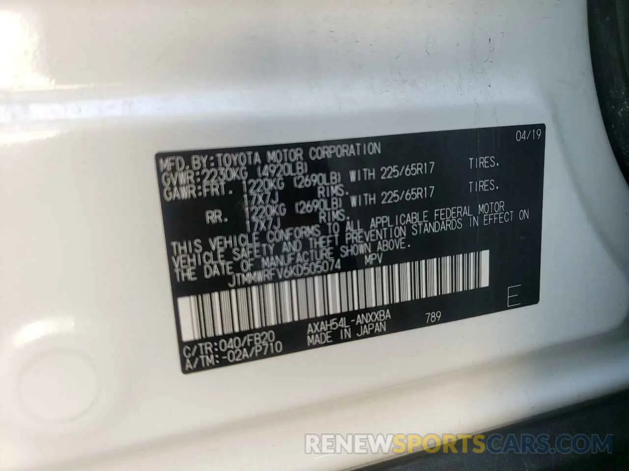 10 Photograph of a damaged car JTMMWRFV6KD505074 TOYOTA RAV4 2019