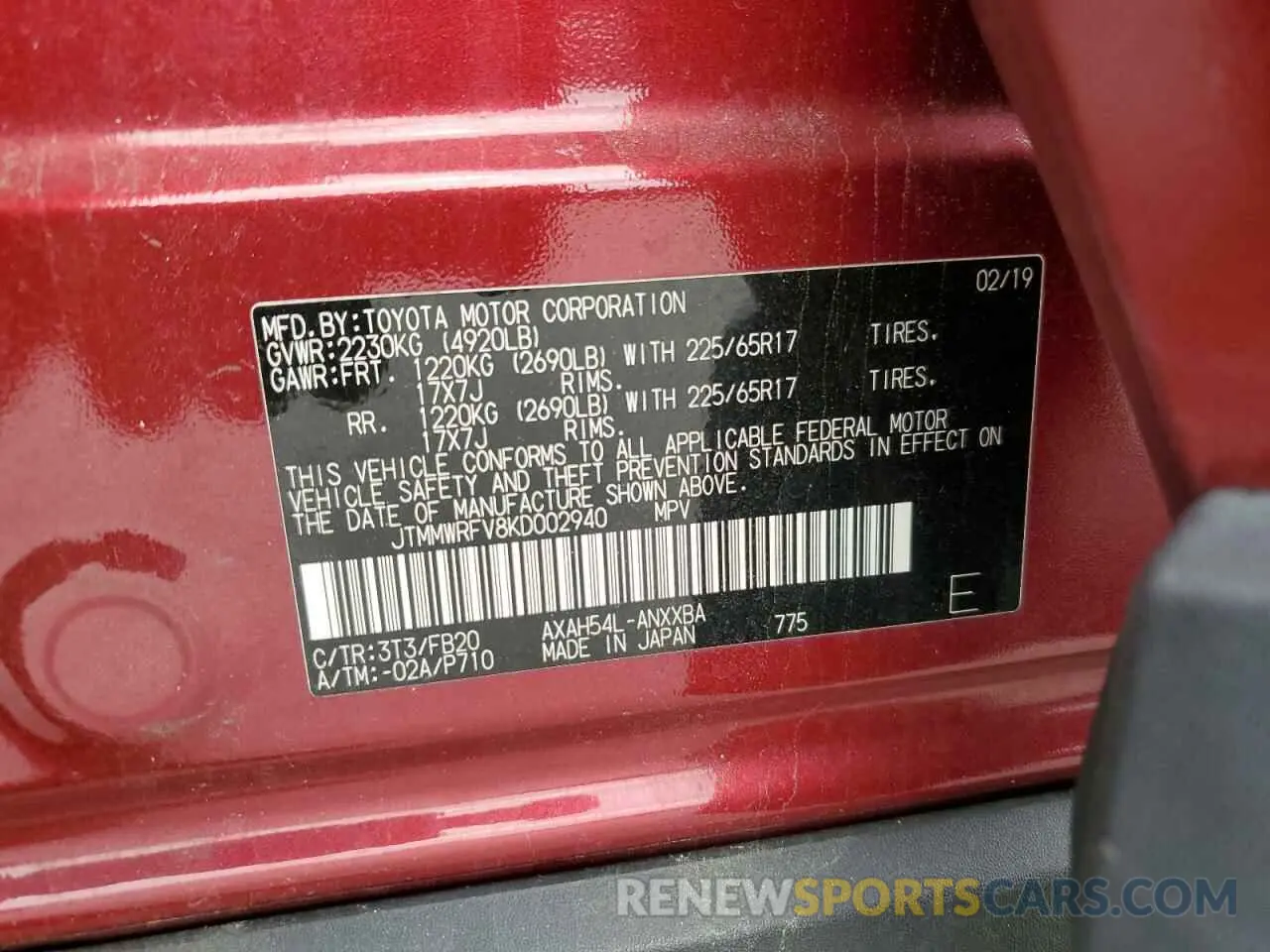 13 Фотография поврежденного автомобиля JTMMWRFV8KD002940 TOYOTA RAV4 2019