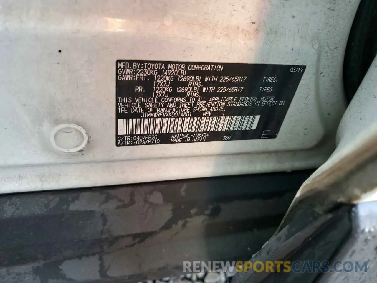 12 Фотография поврежденного автомобиля JTMMWRFVXKD014801 TOYOTA RAV4 2019