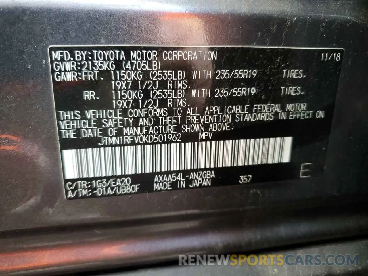 14 Photograph of a damaged car JTMN1RFV0KD501962 TOYOTA RAV4 2019