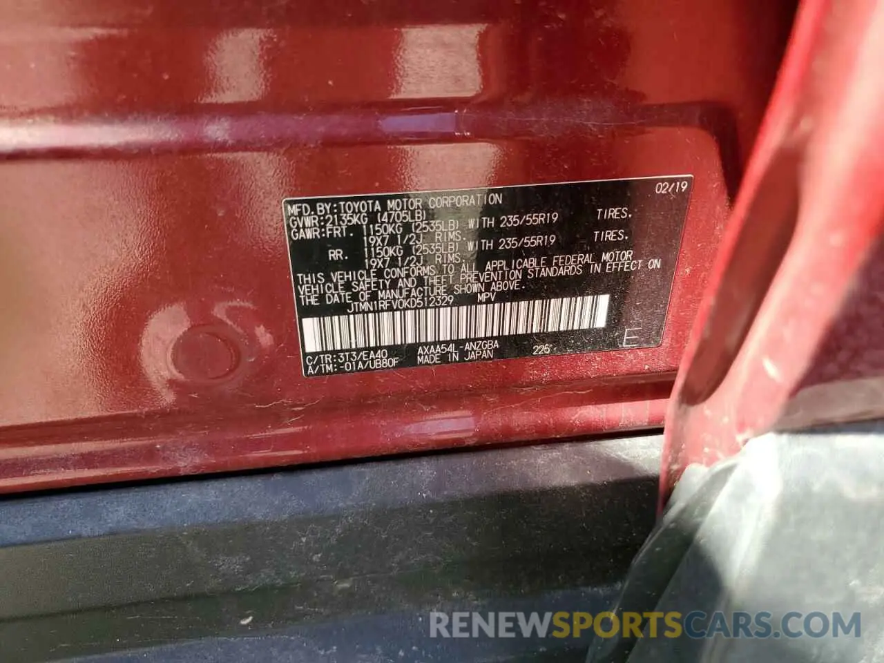 13 Фотография поврежденного автомобиля JTMN1RFV0KD512329 TOYOTA RAV4 2019