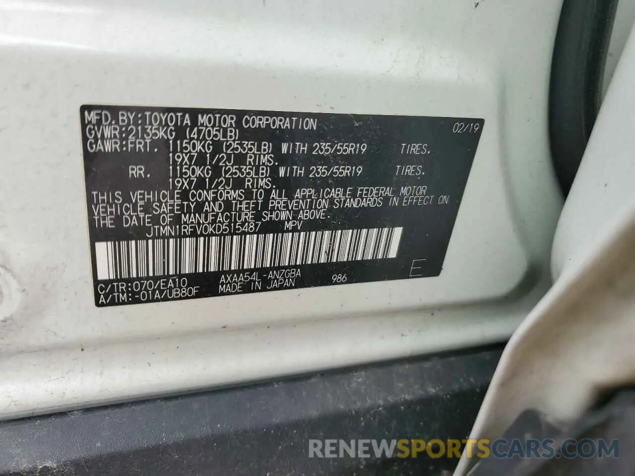 15 Photograph of a damaged car JTMN1RFV0KD515487 TOYOTA RAV4 2019