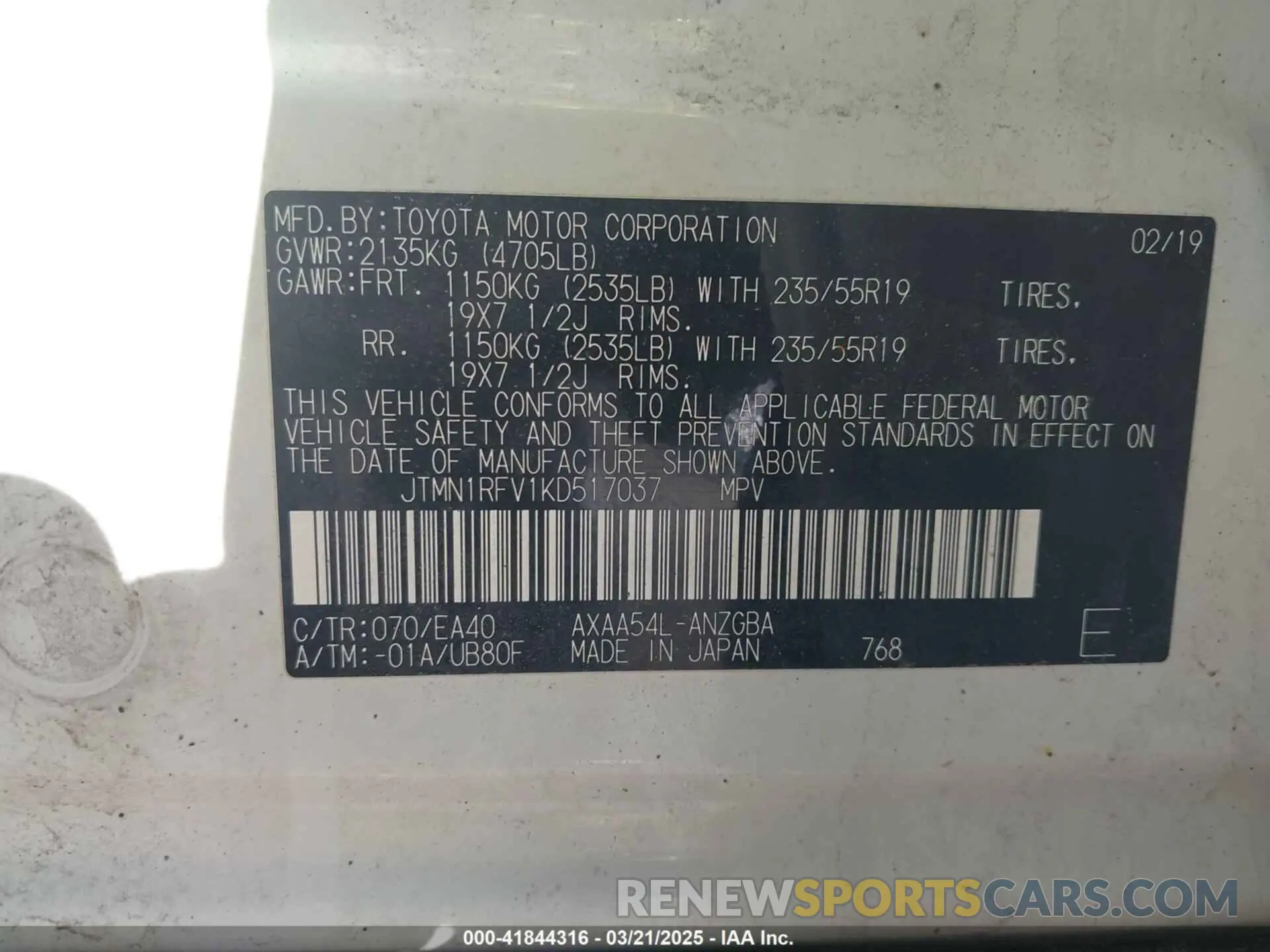 9 Фотография поврежденного автомобиля JTMN1RFV1KD517037 TOYOTA RAV4 2019