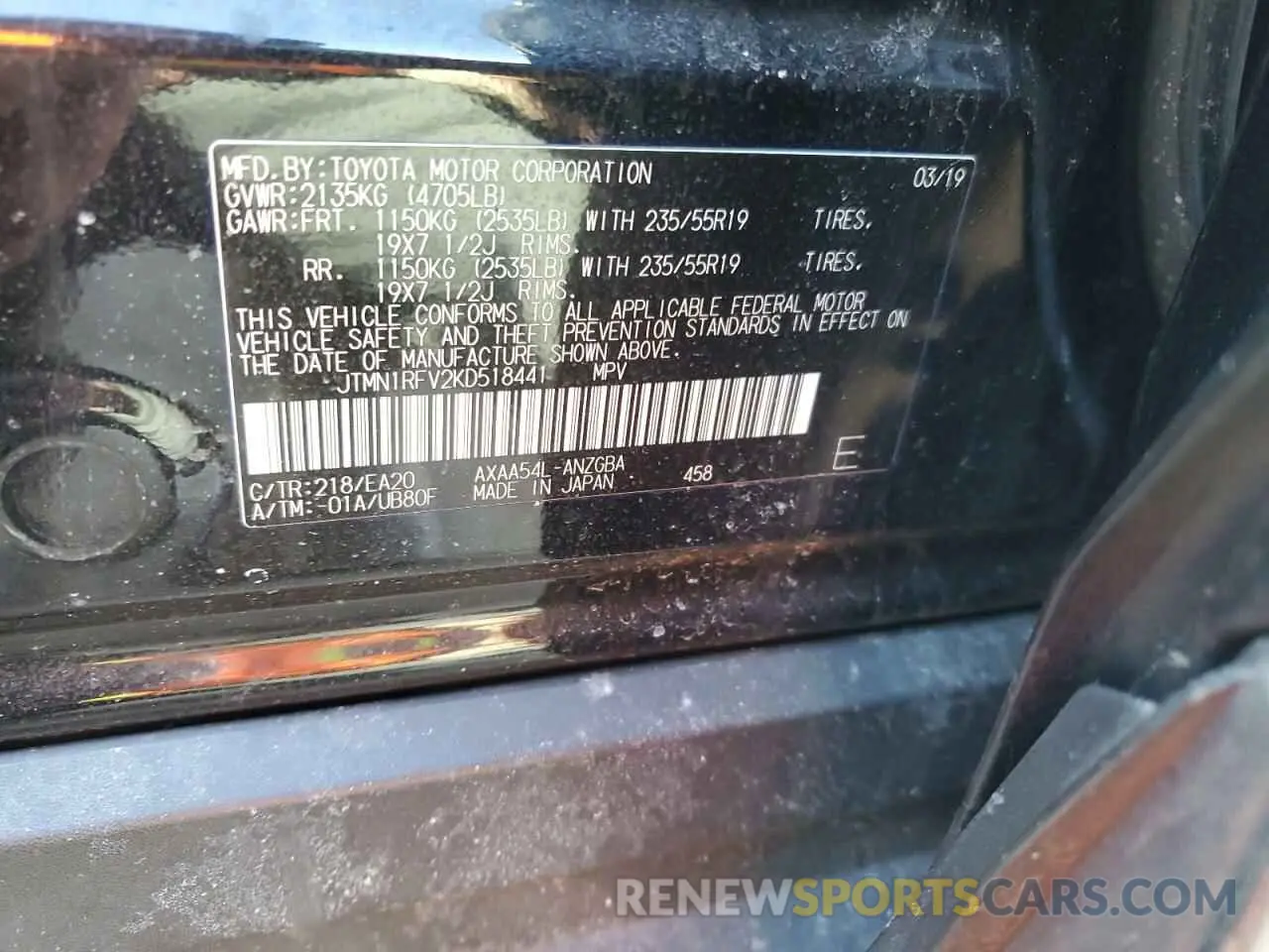 13 Фотография поврежденного автомобиля JTMN1RFV2KD518441 TOYOTA RAV4 2019
