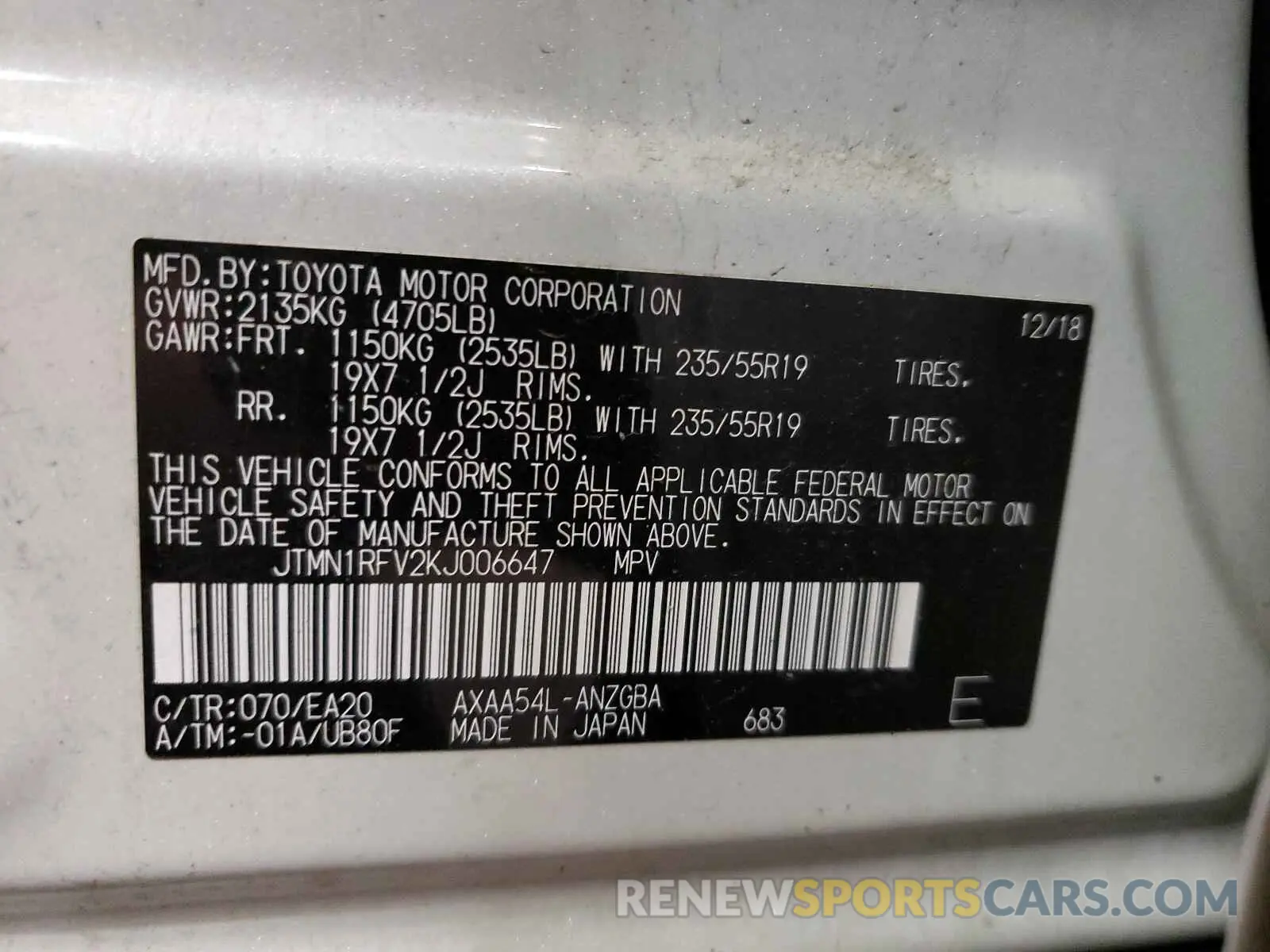 10 Фотография поврежденного автомобиля JTMN1RFV2KJ006647 TOYOTA RAV4 2019