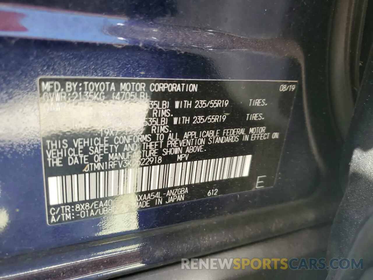 10 Фотография поврежденного автомобиля JTMN1RFV3KD522918 TOYOTA RAV4 2019