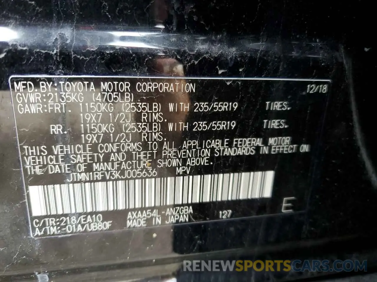 13 Photograph of a damaged car JTMN1RFV3KJ005636 TOYOTA RAV4 2019