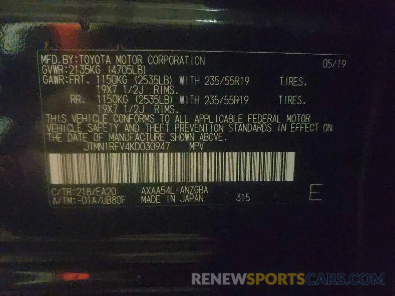 10 Photograph of a damaged car JTMN1RFV4KD030947 TOYOTA RAV4 2019