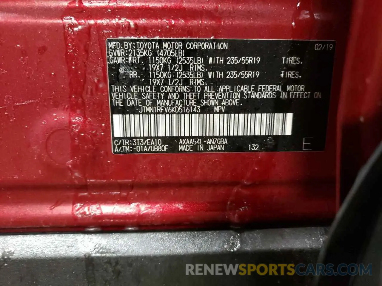 12 Photograph of a damaged car JTMN1RFV6KD516143 TOYOTA RAV4 2019