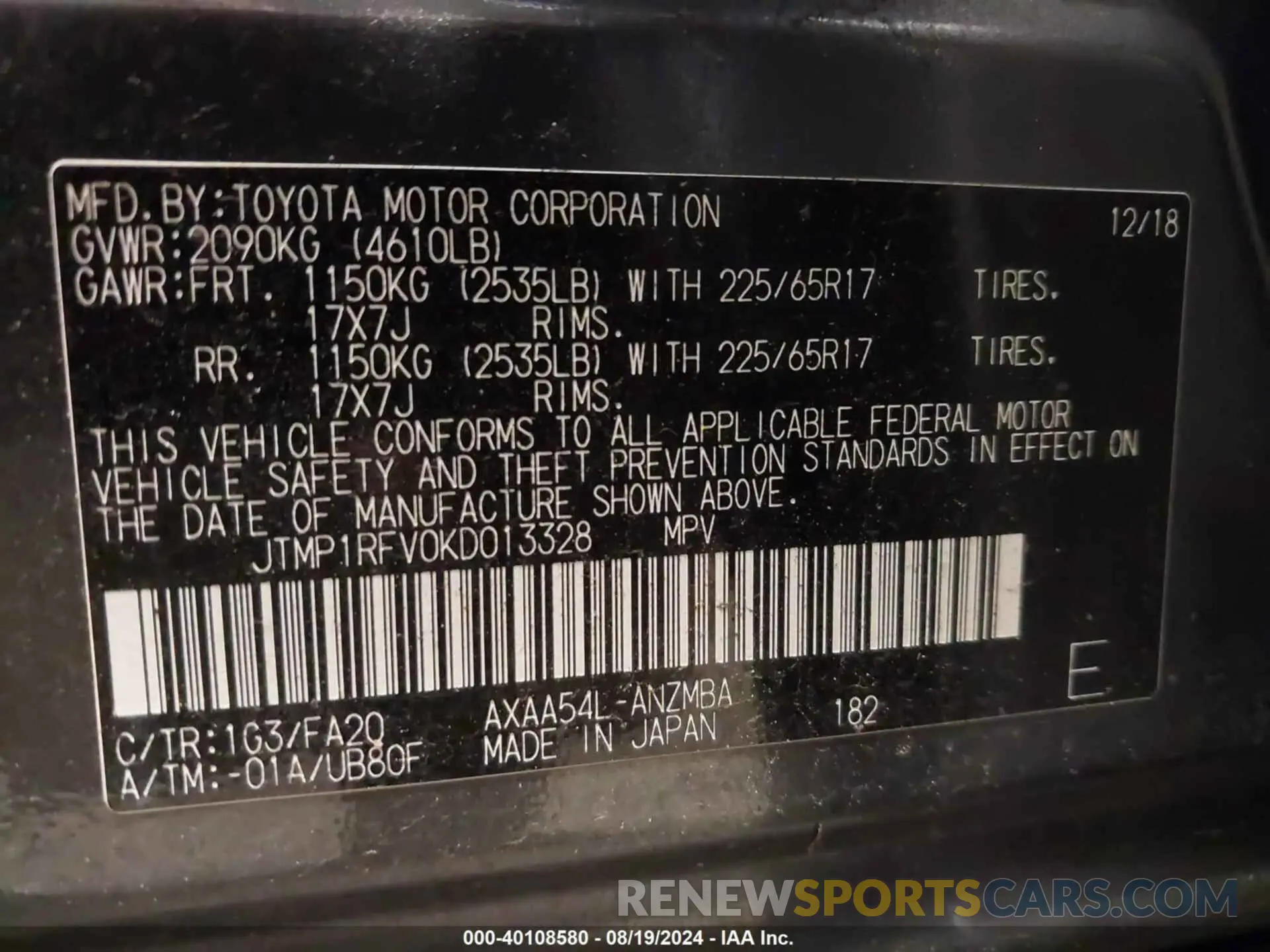 9 Photograph of a damaged car JTMP1RFV0KD013328 TOYOTA RAV4 2019