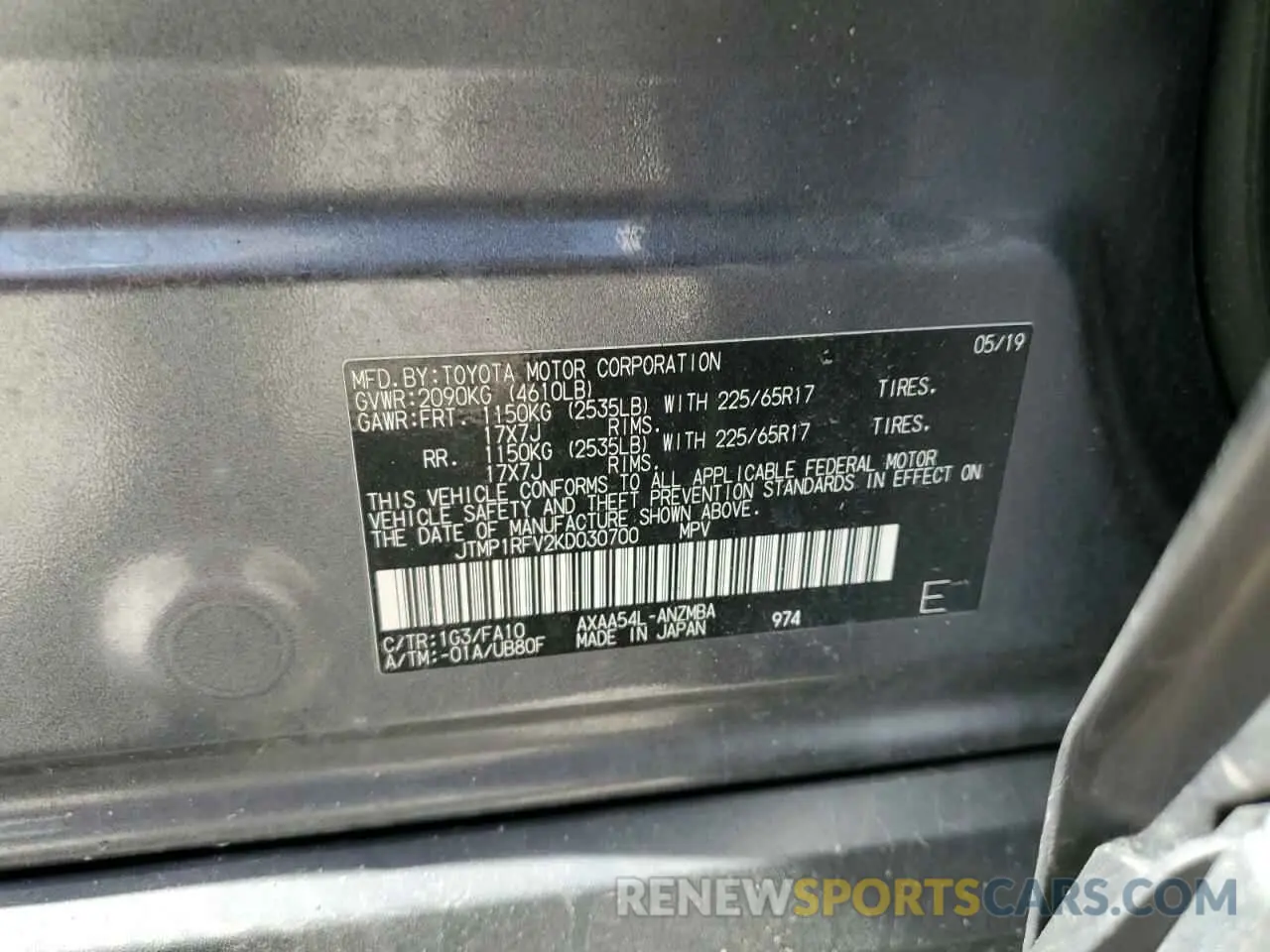 13 Фотография поврежденного автомобиля JTMP1RFV2KD030700 TOYOTA RAV4 2019