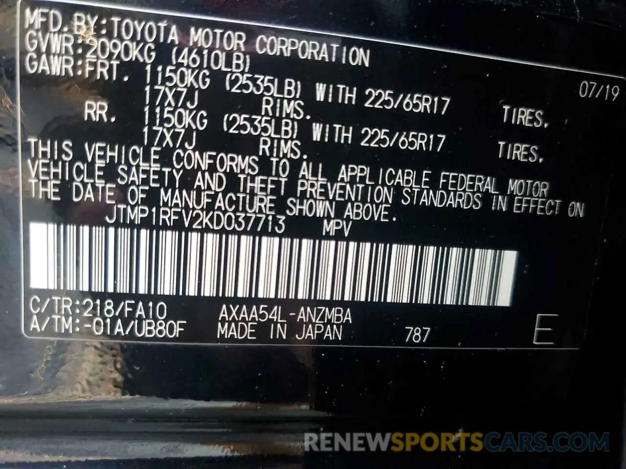 13 Фотография поврежденного автомобиля JTMP1RFV2KD037713 TOYOTA RAV4 2019