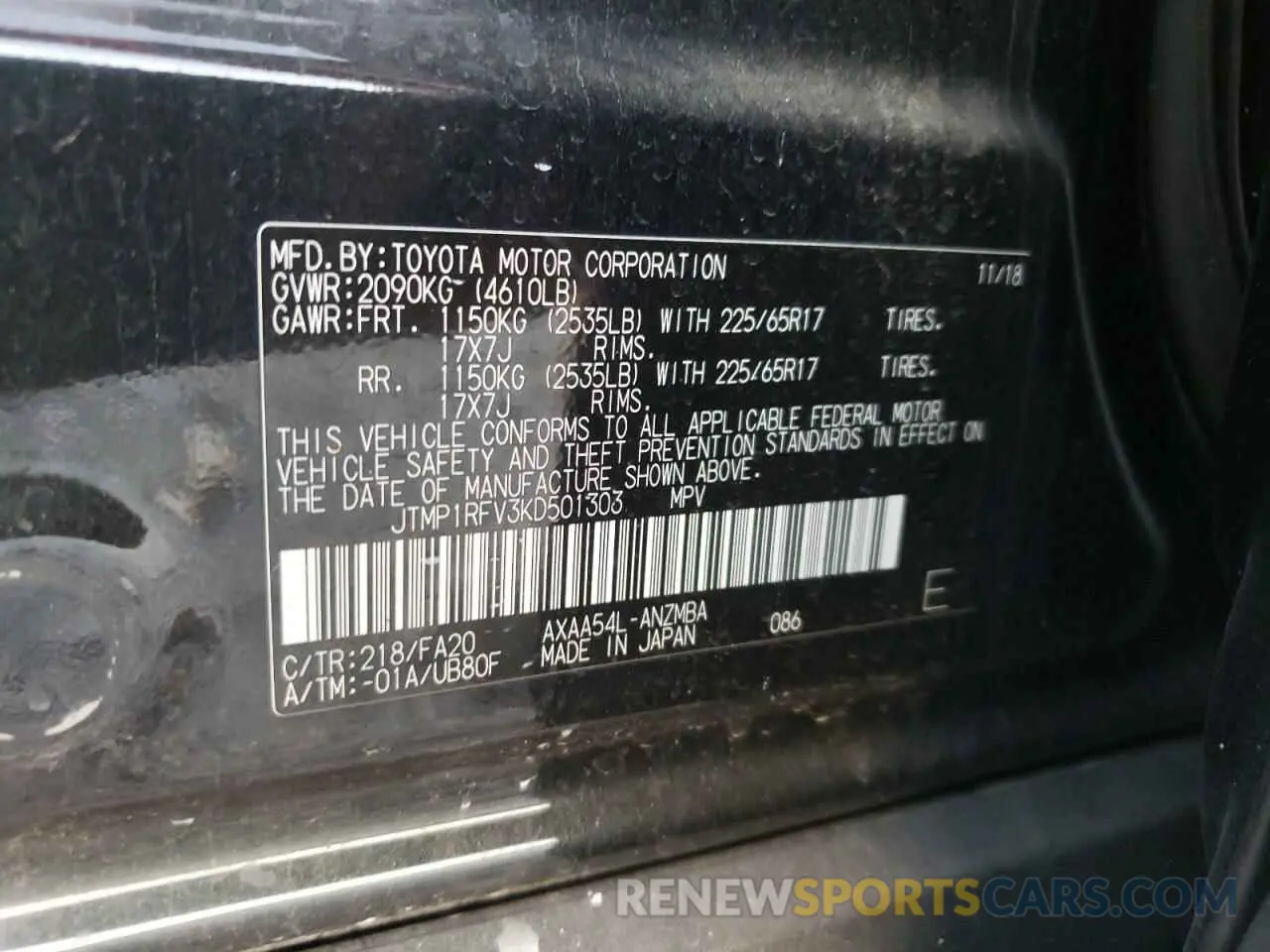 14 Фотография поврежденного автомобиля JTMP1RFV3KD501303 TOYOTA RAV4 2019