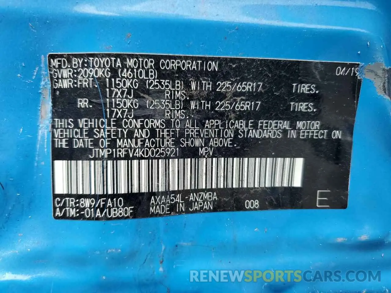 14 Photograph of a damaged car JTMP1RFV4KD025921 TOYOTA RAV4 2019
