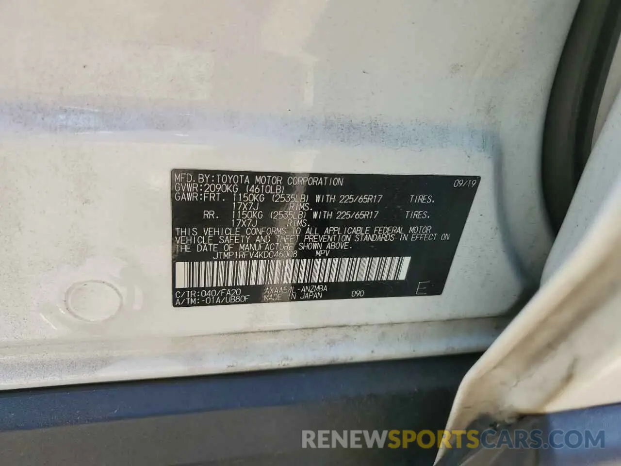 13 Photograph of a damaged car JTMP1RFV4KD046008 TOYOTA RAV4 2019