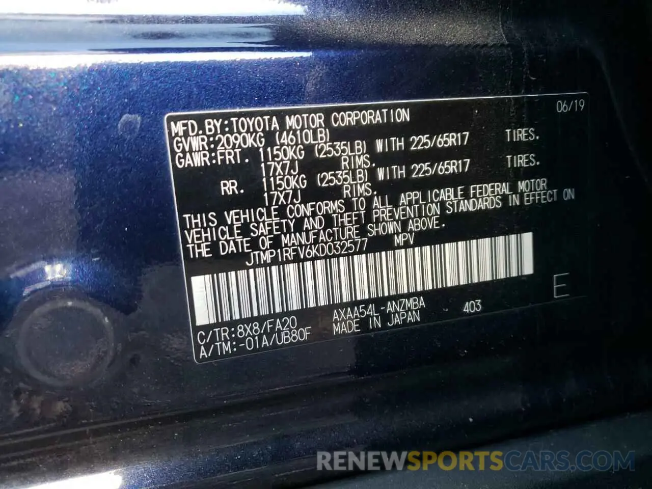 10 Photograph of a damaged car JTMP1RFV6KD032577 TOYOTA RAV4 2019