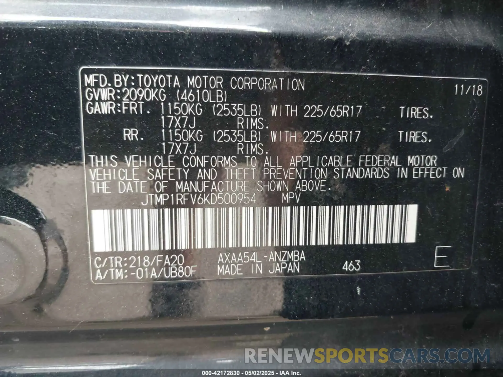 9 Photograph of a damaged car JTMP1RFV6KD500954 TOYOTA RAV4 2019