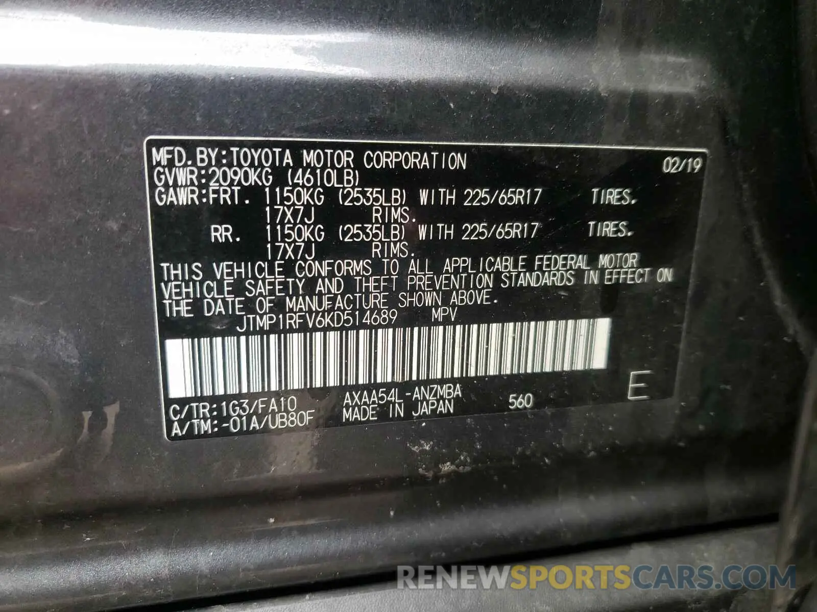 10 Photograph of a damaged car JTMP1RFV6KD514689 TOYOTA RAV4 2019