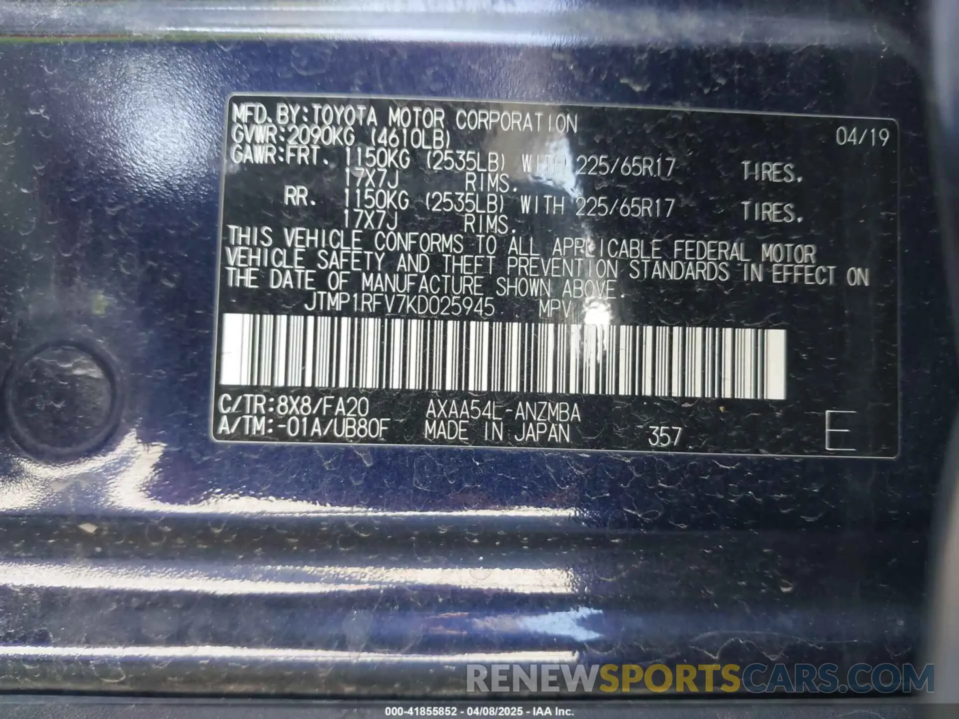 9 Фотография поврежденного автомобиля JTMP1RFV7KD025945 TOYOTA RAV4 2019