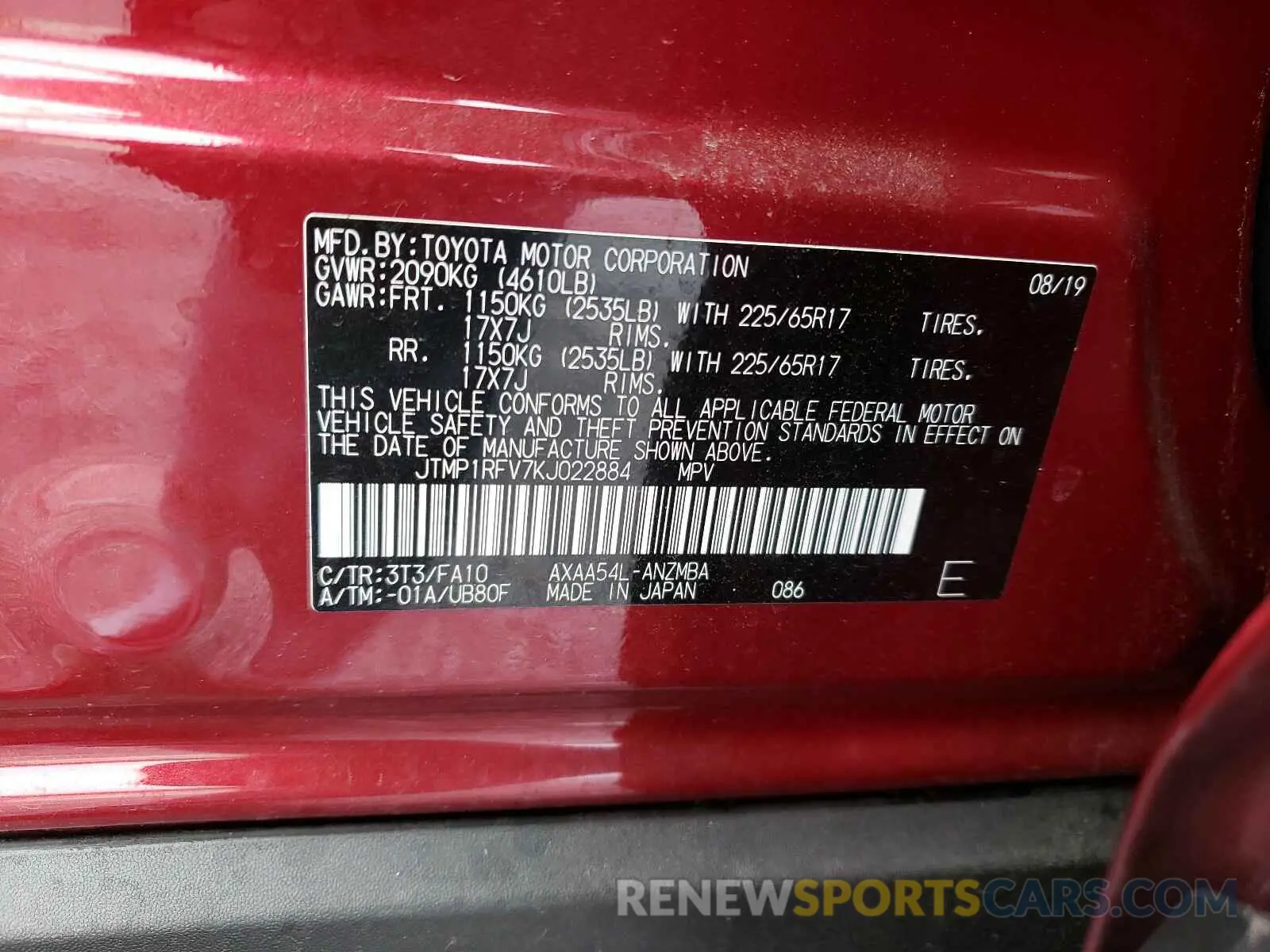 10 Photograph of a damaged car JTMP1RFV7KJ022884 TOYOTA RAV4 2019