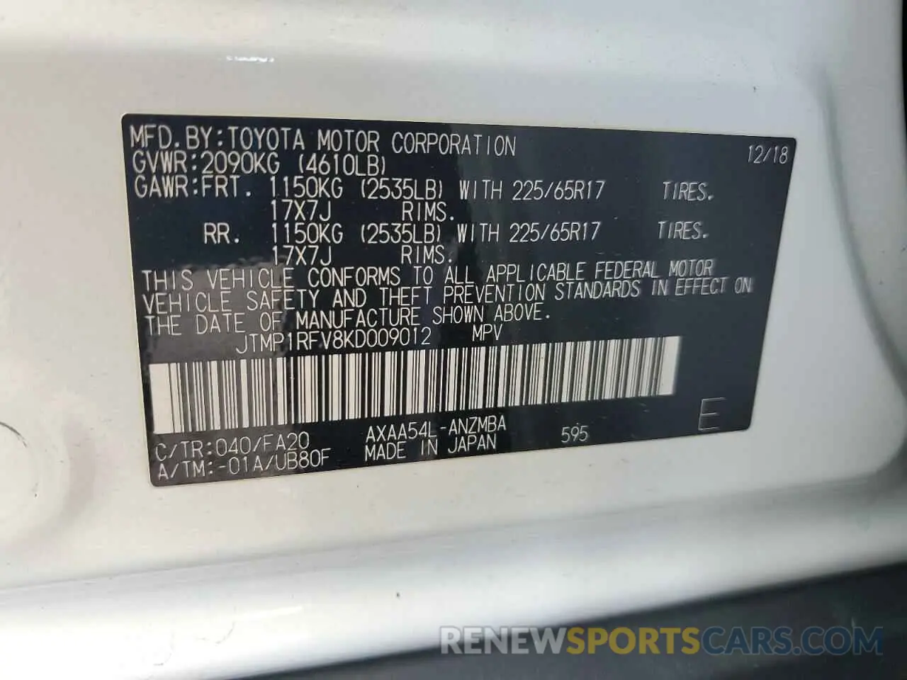 15 Photograph of a damaged car JTMP1RFV8KD009012 TOYOTA RAV4 2019