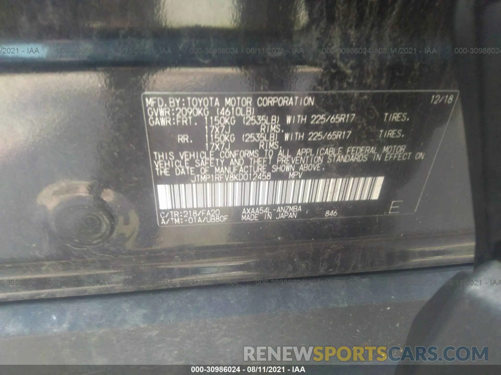 9 Photograph of a damaged car JTMP1RFV8KD012458 TOYOTA RAV4 2019