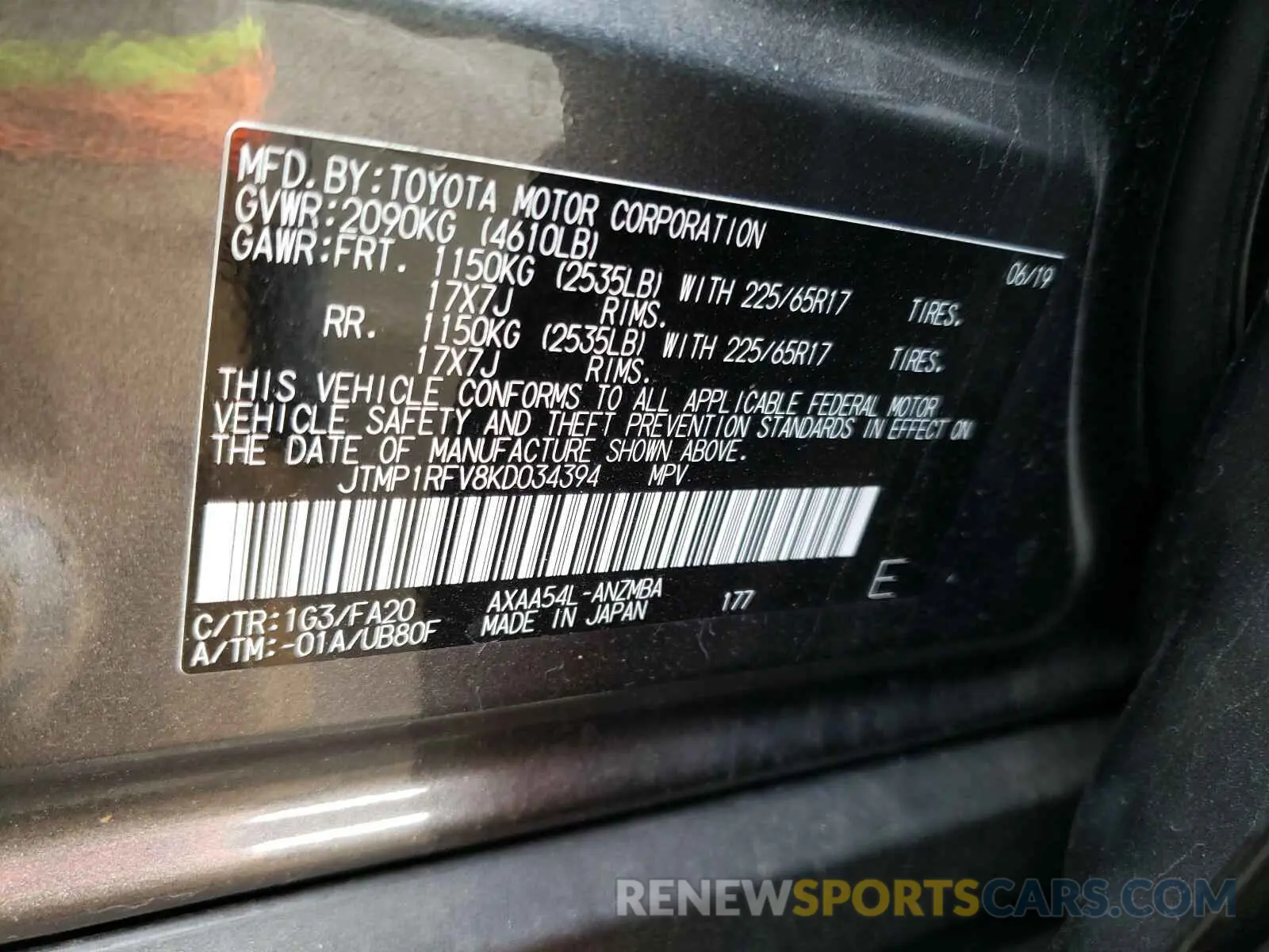 10 Photograph of a damaged car JTMP1RFV8KD034394 TOYOTA RAV4 2019
