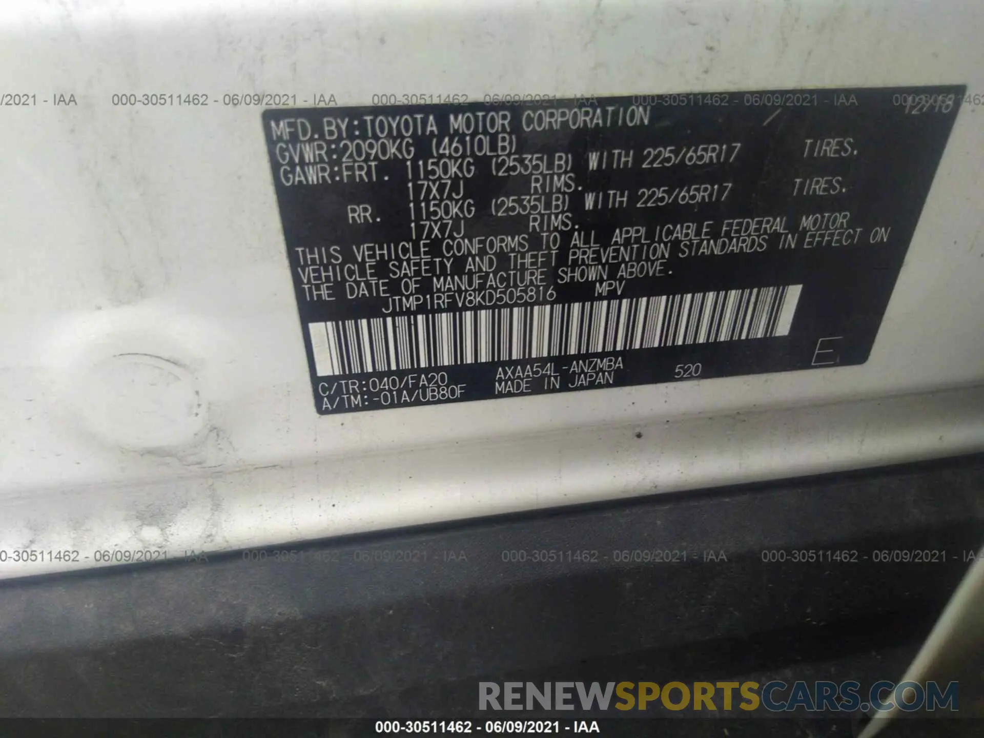 9 Photograph of a damaged car JTMP1RFV8KD505816 TOYOTA RAV4 2019