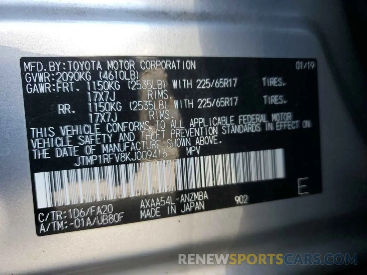 12 Photograph of a damaged car JTMP1RFV8KJ009416 TOYOTA RAV4 2019