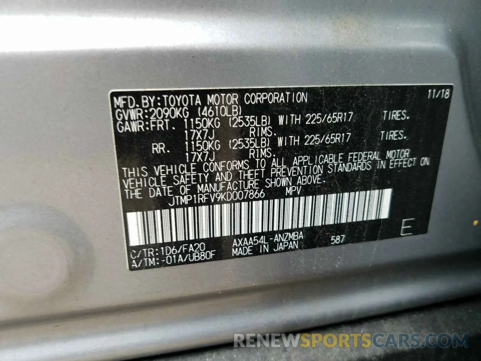 10 Photograph of a damaged car JTMP1RFV9KD007866 TOYOTA RAV4 2019
