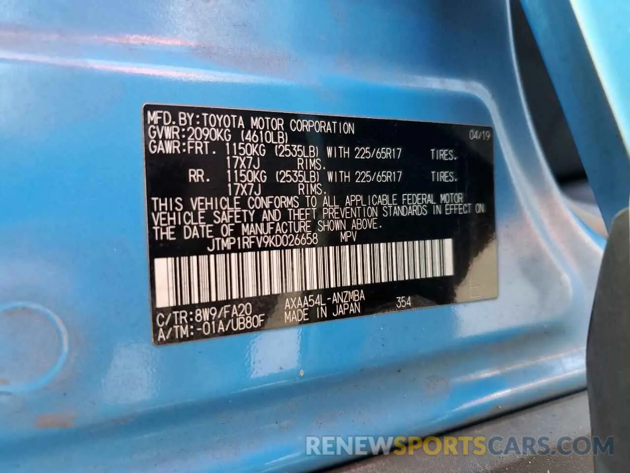 15 Photograph of a damaged car JTMP1RFV9KD026658 TOYOTA RAV4 2019
