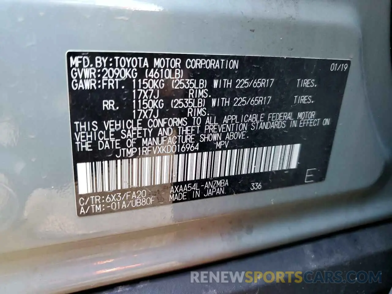 12 Photograph of a damaged car JTMP1RFVXKD016964 TOYOTA RAV4 2019