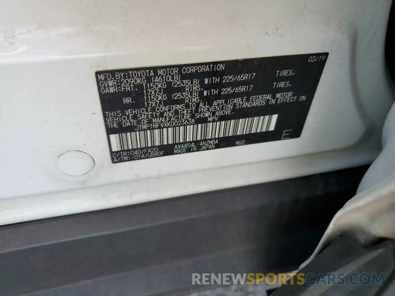 12 Фотография поврежденного автомобиля JTMP1RFVXKD023638 TOYOTA RAV4 2019