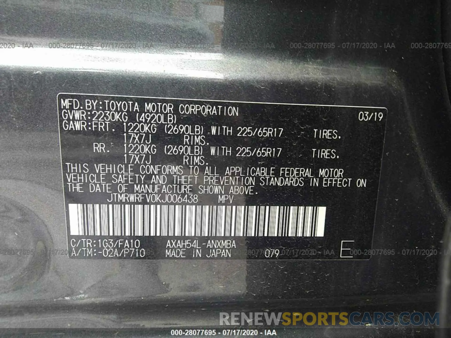 9 Photograph of a damaged car JTMRWRFV0KJ006438 TOYOTA RAV4 2019