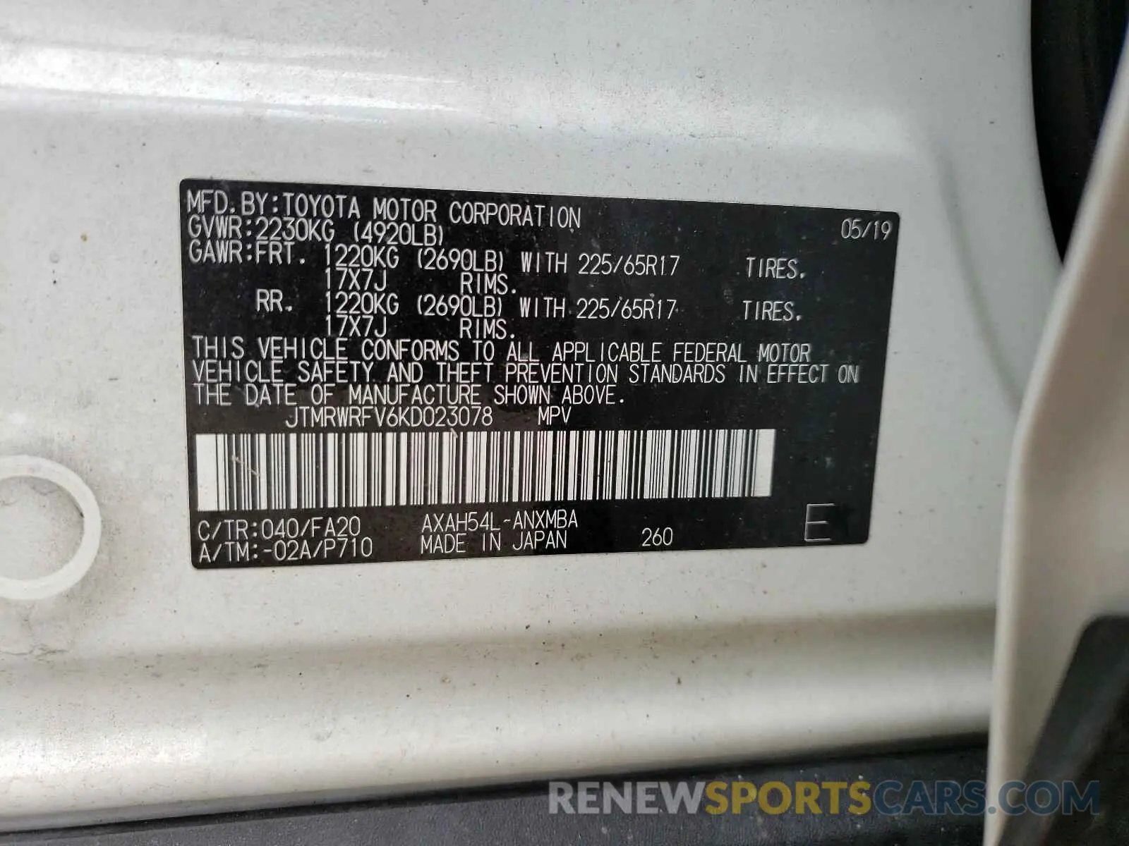 10 Photograph of a damaged car JTMRWRFV6KD023078 TOYOTA RAV4 2019