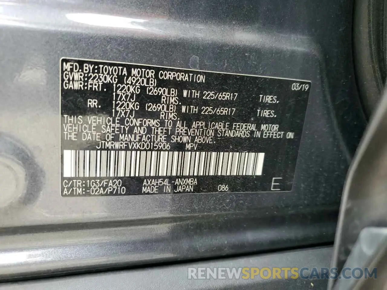 13 Фотография поврежденного автомобиля JTMRWRFVXKD015906 TOYOTA RAV4 2019
