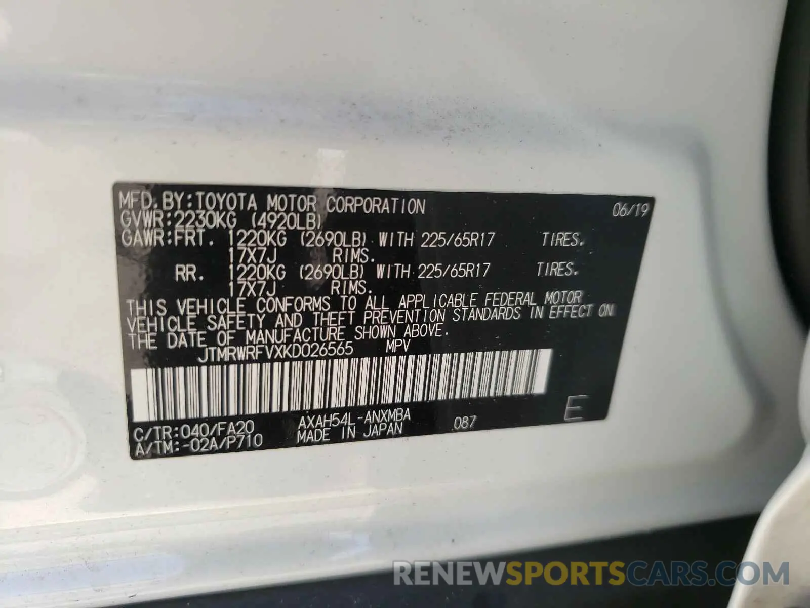 10 Photograph of a damaged car JTMRWRFVXKD026565 TOYOTA RAV4 2019