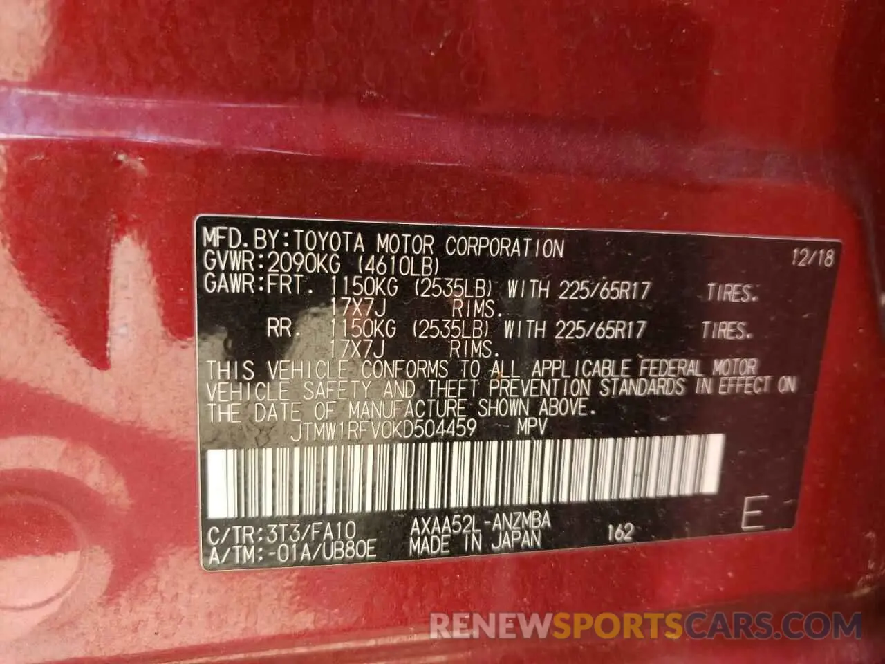 12 Фотография поврежденного автомобиля JTMW1RFV0KD504459 TOYOTA RAV4 2019