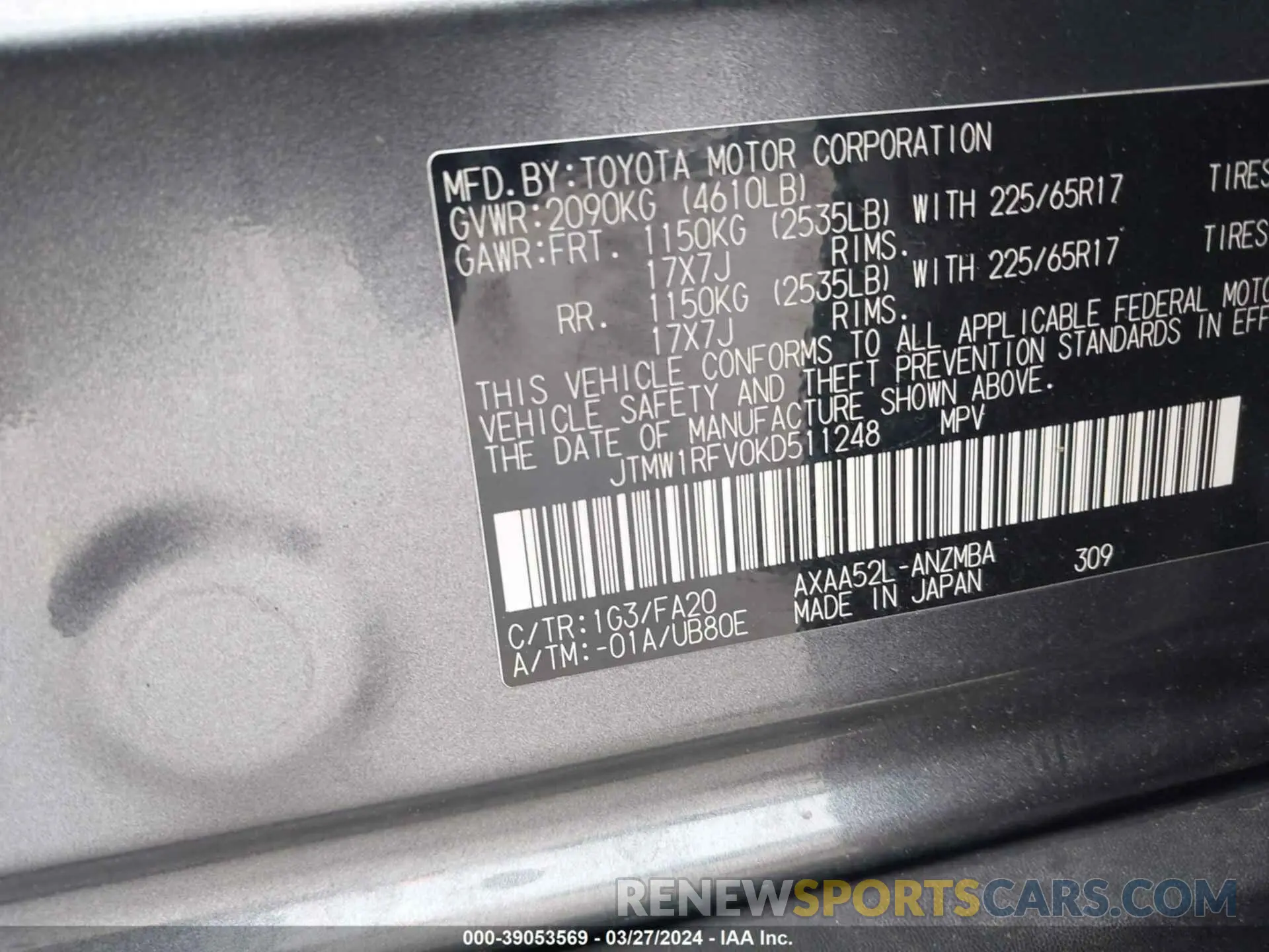 9 Photograph of a damaged car JTMW1RFV0KD511248 TOYOTA RAV4 2019