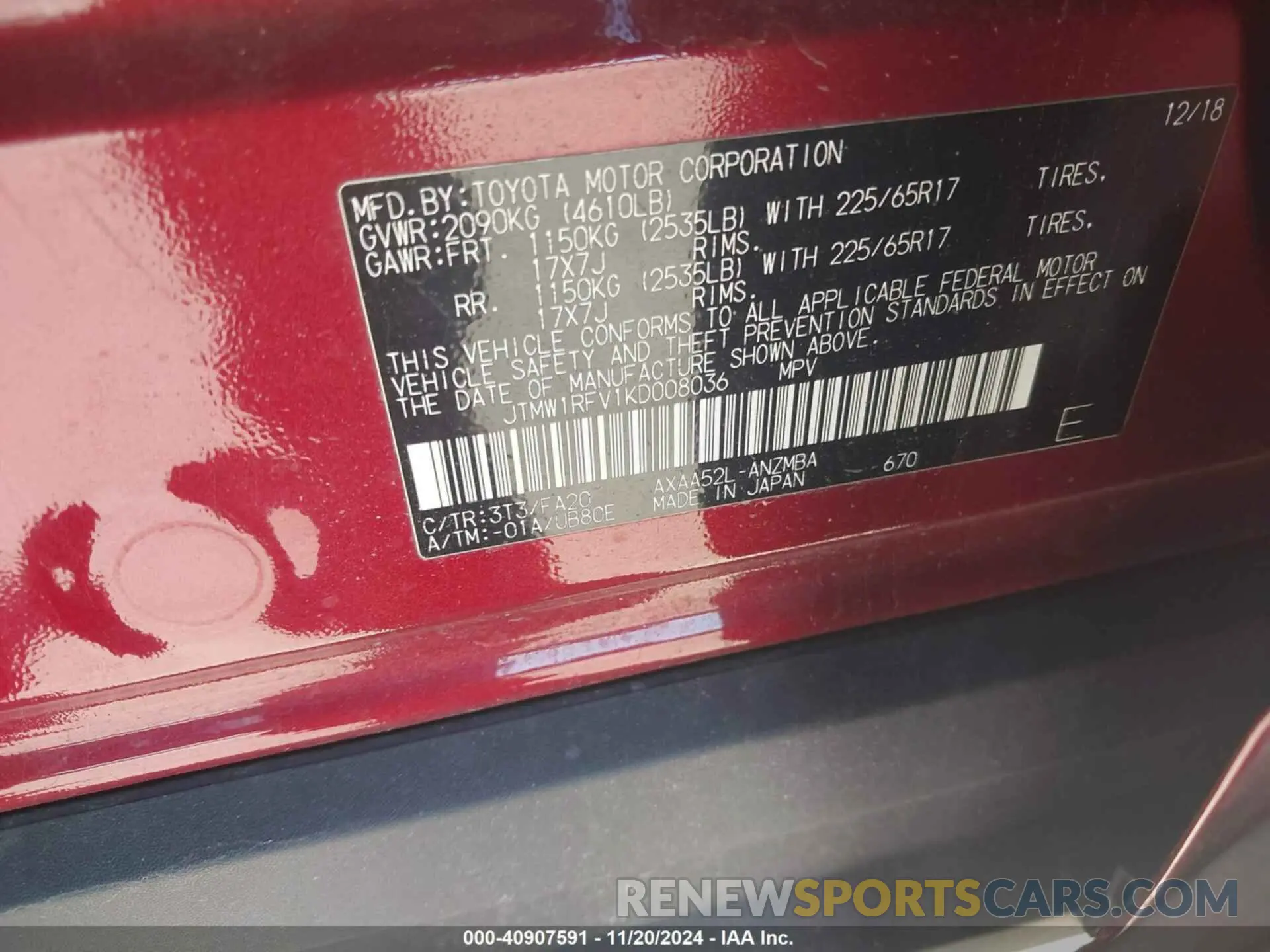 9 Photograph of a damaged car JTMW1RFV1KD008036 TOYOTA RAV4 2019