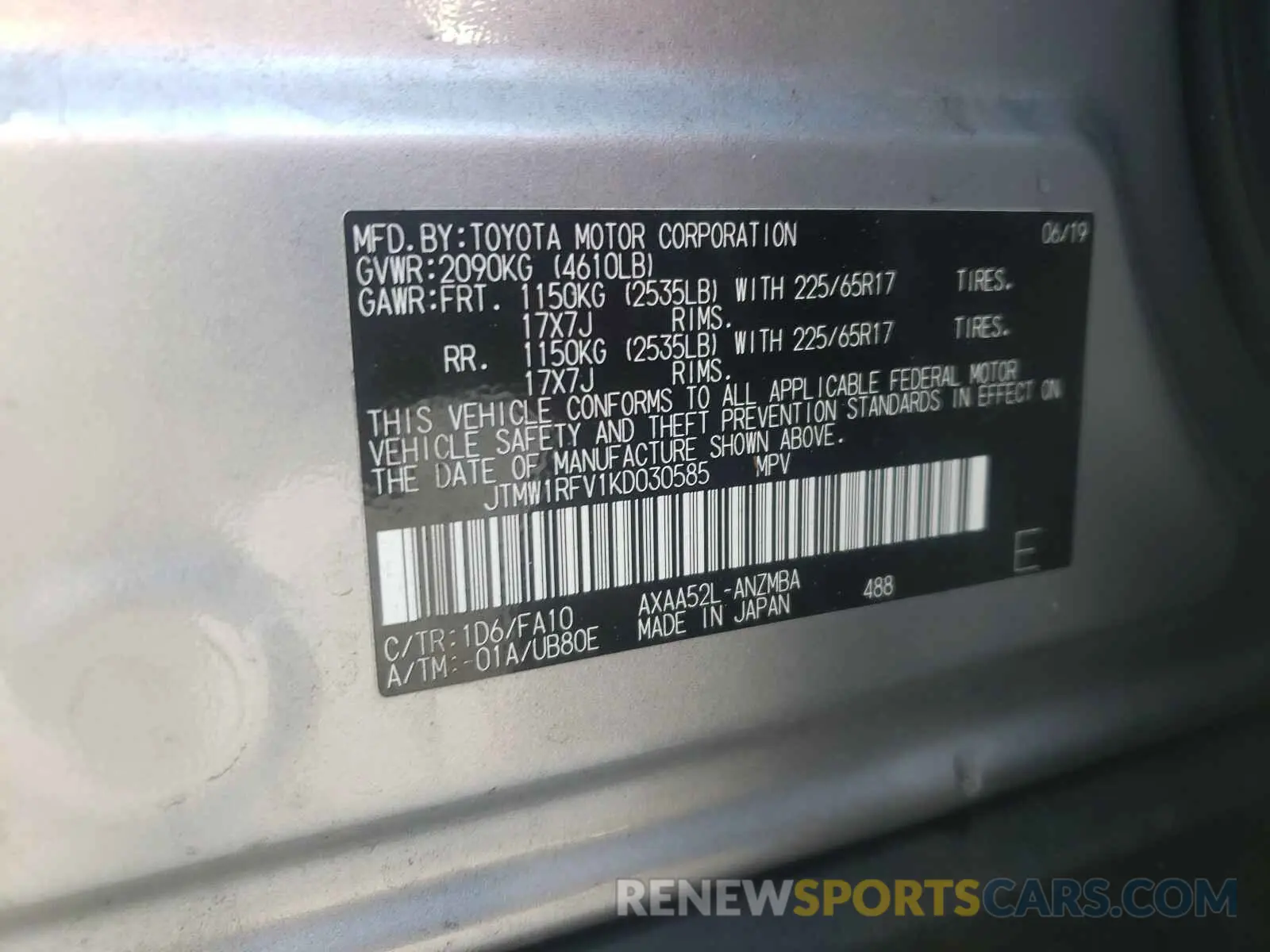10 Photograph of a damaged car JTMW1RFV1KD030585 TOYOTA RAV4 2019